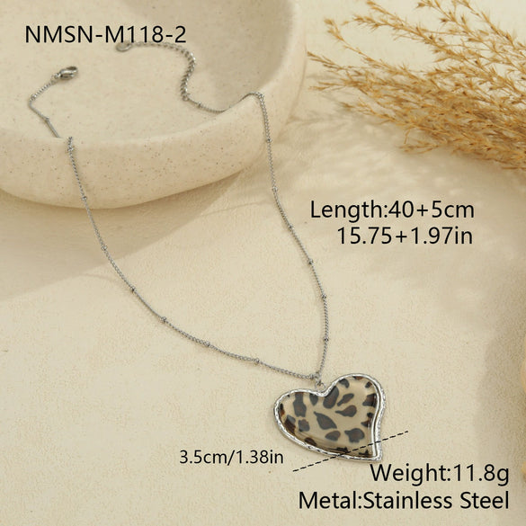 Wholesale Fashionable Retro Leopard Print Heartshaped Stainless Steel Electroplated Women's Pendant Necklace