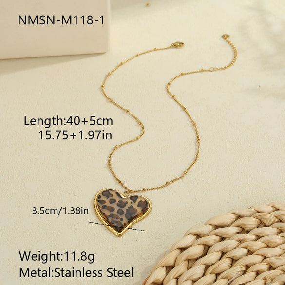 Wholesale Fashionable Retro Leopard Print Heartshaped Stainless Steel Electroplated Women's Pendant Necklace