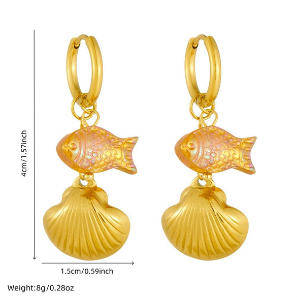 Wholesale Fashionable Simple Creative Design Goldplated Animal Zodiac Scallop Phantom Goldfish Pendant Round Stainless Steel Earrings