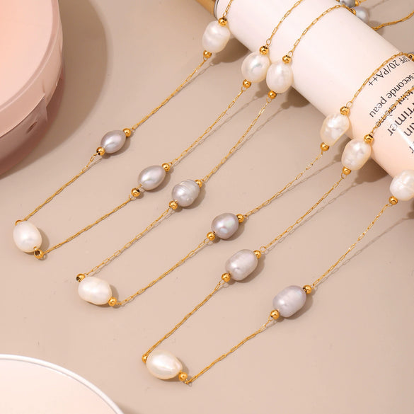 Wholesale Fashionable Simple Temperament Clavicle Necklace With Natural Freshwater Pearl And Geometric Shape Made Of Stainless Steel And Titanium Steel Electroplated