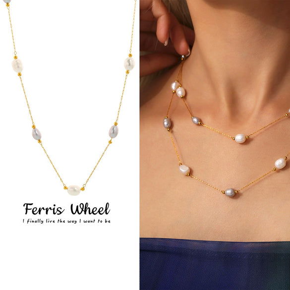 Wholesale Fashionable Simple Temperament Clavicle Necklace With Natural Freshwater Pearl And Geometric Shape Made Of Stainless Steel And Titanium Steel Electroplated