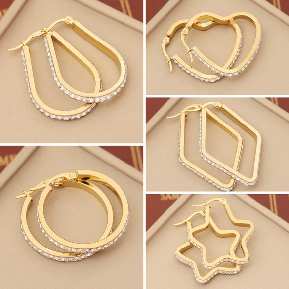 Wholesale Fashionable Stainless Steel Earrings With Heart Drop Shaped And Star Patterns Full Of Diamonds For Women