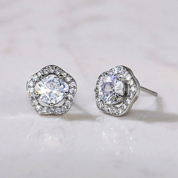 Wholesale Fashionable Sweet Flower Zircon Earrings For Women Copper Plated White Gold
