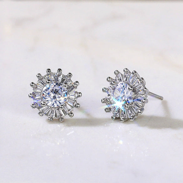 Wholesale Fashionable Sweet Flower Zircon Earrings For Women Copper Plated White Gold