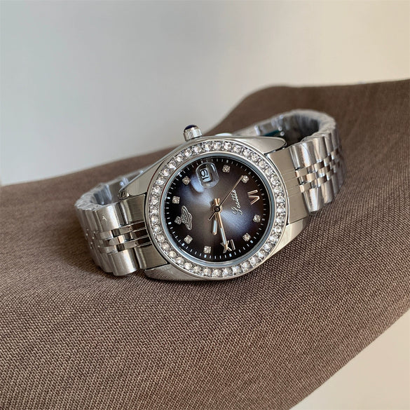 Wholesale Fashionable Women's Watch With Gold Steel Band Round Dial Diamond Studded Alloy Case Stainless Steel Buckle