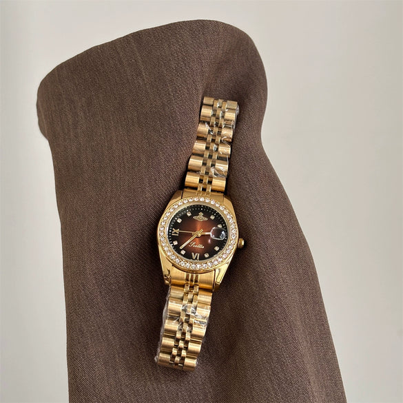 Wholesale Fashionable Women's Watch With Gold Steel Band Round Dial Diamond Studded Alloy Case Stainless Steel Buckle