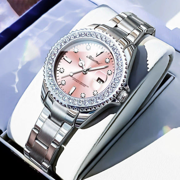 Wholesale Fashionable Women's Watches With Alloy Case And Strap Mineral Reinforced Glass Mirror Spiral Crown Doublesided Button Buckle Printed Logo Waterproof