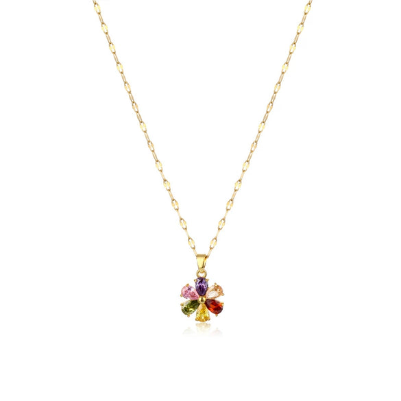 Wholesale Female Colored Diamond Flower Pendant Titanium Steel Necklace With Brass Pendant And Flower Pattern