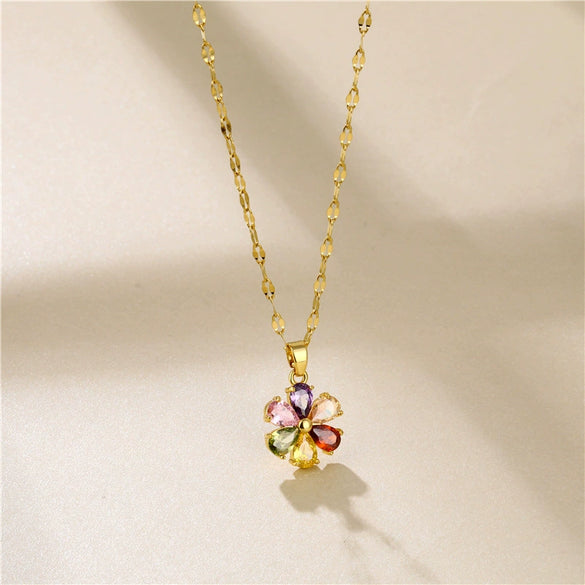 Wholesale Female Colored Diamond Flower Pendant Titanium Steel Necklace With Brass Pendant And Flower Pattern