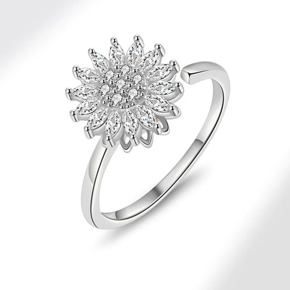 Wholesale Female Copper Electroplated Rotating Zircon Sunflower Geometric Ring For Decompression And Antianxiety