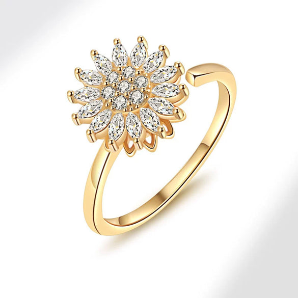 Wholesale Female Copper Electroplated Rotating Zircon Sunflower Geometric Ring For Decompression And Antianxiety