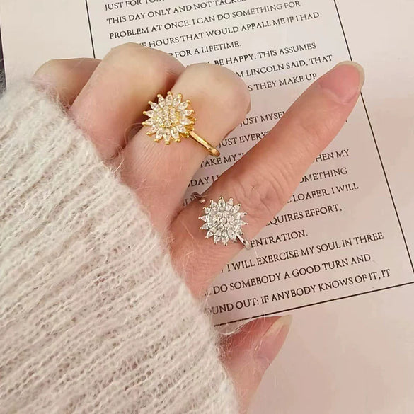 Wholesale Female Copper Electroplated Rotating Zircon Sunflower Geometric Ring For Decompression And Antianxiety