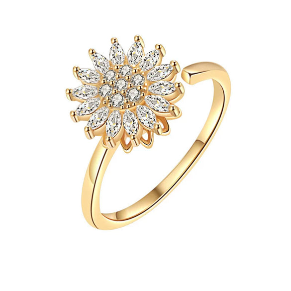 Wholesale Female Copper Electroplated Rotating Zircon Sunflower Geometric Ring For Decompression And Antianxiety
