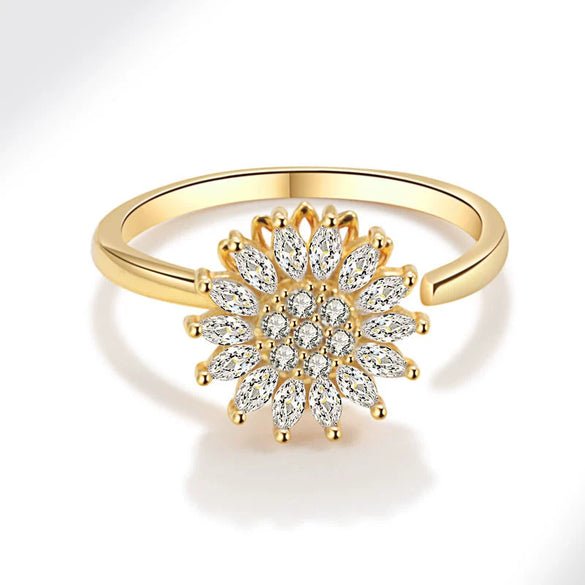Wholesale Female Copper Electroplated Rotating Zircon Sunflower Geometric Ring For Decompression And Antianxiety