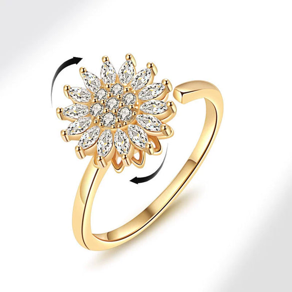 Wholesale Female Copper Electroplated Rotating Zircon Sunflower Geometric Ring For Decompression And Antianxiety