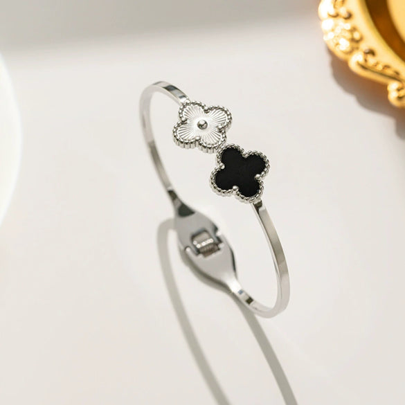 Wholesale Female Fashion Fourleaf Flower Titanium Steel Open Bracelet With Polishing Treatment And Nonfading Feature
