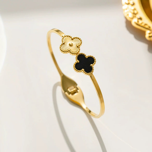 Wholesale Female Fashion Fourleaf Flower Titanium Steel Open Bracelet With Polishing Treatment And Nonfading Feature
