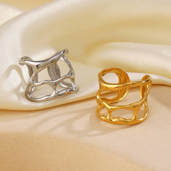 Wholesale Female Hip Hop Personality Opening Adjustable Irregular Shaped Stainless Steel Gold Plated Ring With Geometric Pattern