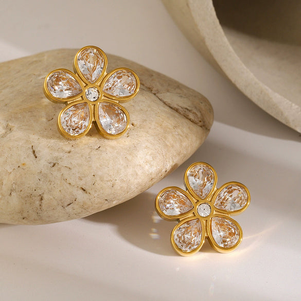 Wholesale Female Niche Fashion Simple High End Flower Shaped Zircon Stainless Steel Earrings With Electroplating