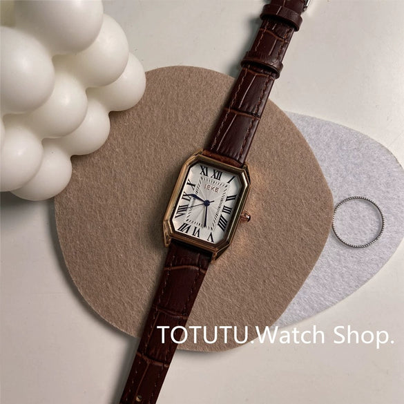Wholesale Female Rectangular Genuine Leather Quartz Watch Retro Artistic Style Alloy Case Ordinary Glass Mirror Pin Buckle Stainless Steel Clasp