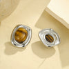 Wholesale Female Retro Style Oval Tiger Eye Stone Stainless Steel 18K Electroplated Earrings