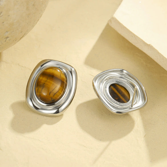 Wholesale Female Retro Style Oval Tiger Eye Stone Stainless Steel 18K Electroplated Earrings