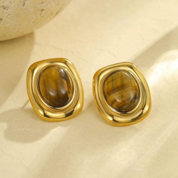 Wholesale Female Retro Style Oval Tiger Eye Stone Stainless Steel 18K Electroplated Earrings