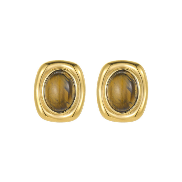 Wholesale Female Retro Style Oval Tiger Eye Stone Stainless Steel 18K Electroplated Earrings