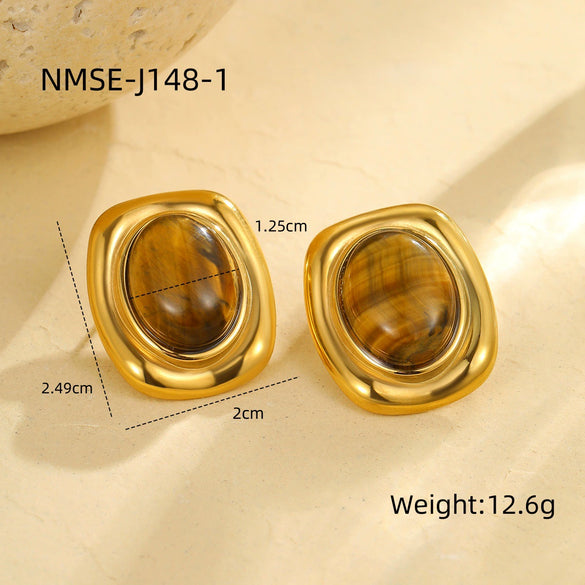 Wholesale Female Retro Style Oval Tiger Eye Stone Stainless Steel 18K Electroplated Earrings