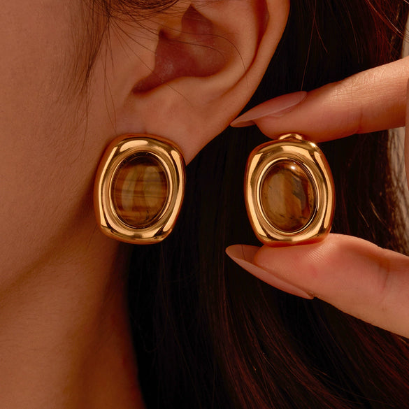 Wholesale Female Retro Style Oval Tiger Eye Stone Stainless Steel 18K Electroplated Earrings