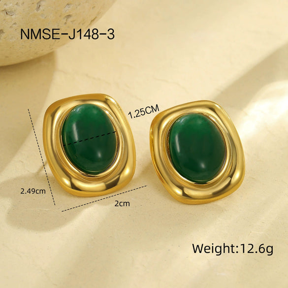 Wholesale Female Retro Style Oval Tiger Eye Stone Stainless Steel 18K Electroplated Earrings