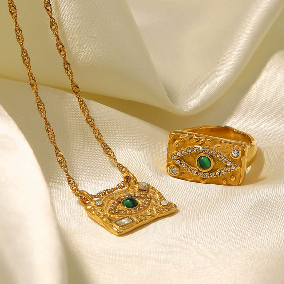 Wholesale Female Ring Stainless Steel 18K Gold Plated Zircon Green Malachite Lava Square Geometric Design