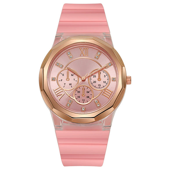 Wholesale Female Students' Fashion Silicone Watch With Rhinestones Round Dial And Sapphire Crystal Glass Mirror Luxury Leisure Style