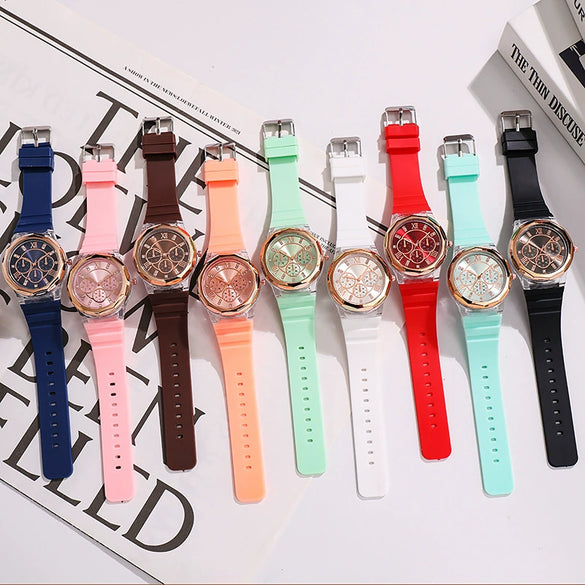 Wholesale Female Students' Fashion Silicone Watch With Rhinestones Round Dial And Sapphire Crystal Glass Mirror Luxury Leisure Style