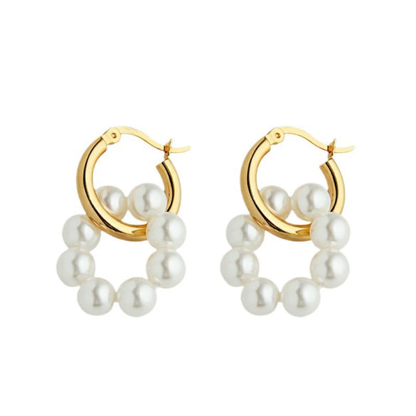 Wholesale Female Temperament Light Luxury Titanium Steel Vacuum Plated 18K Gold Handmade Freshwater Pearl Crown Earrings