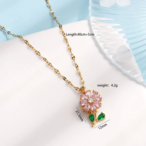 Wholesale Female Titanium Steel And Copper Ochain Necklace With Microinlaid Zircon Rotating Flower Pendant Light Luxury Style Electroplating Treatment