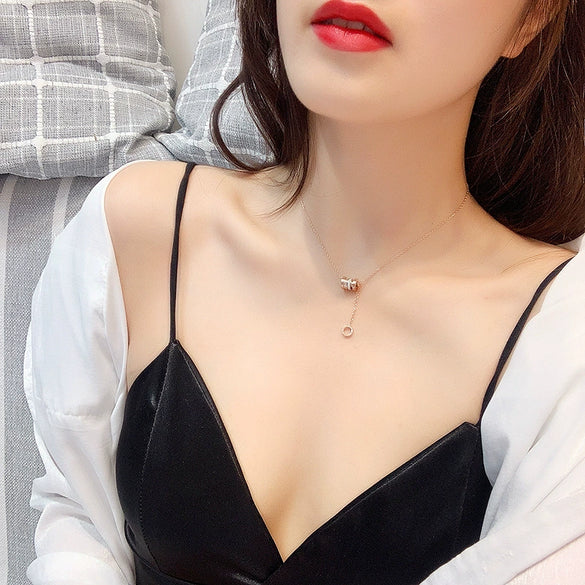 Wholesale Female Titanium Steel Necklace With Roman Numeral Pendant Ball Chain Diamond Design Geometric Style