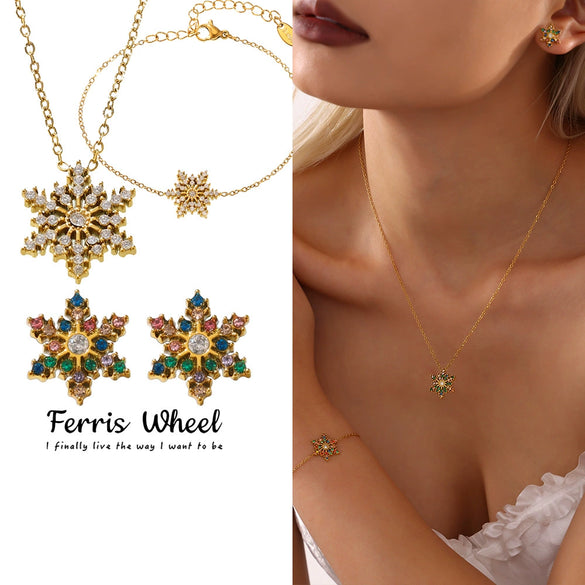 Wholesale Ferris Wheel Colorful Snowflake Zircon Jewelry Set For Women Stainless Steel Electroplated Light Luxury Style Necklace Bracelet Earrings