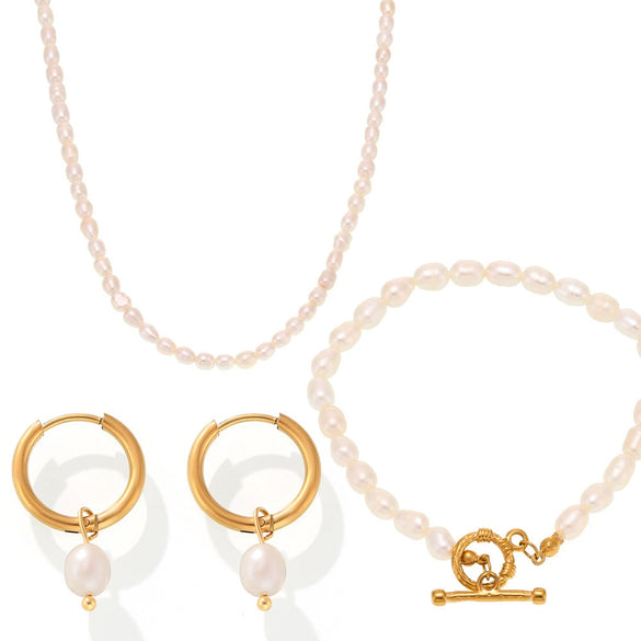 Wholesale Ferris Wheel Elegant Freshwater Pearl And Stainless Steel Electroplated Necklace Bracelet Earrings Set For Women