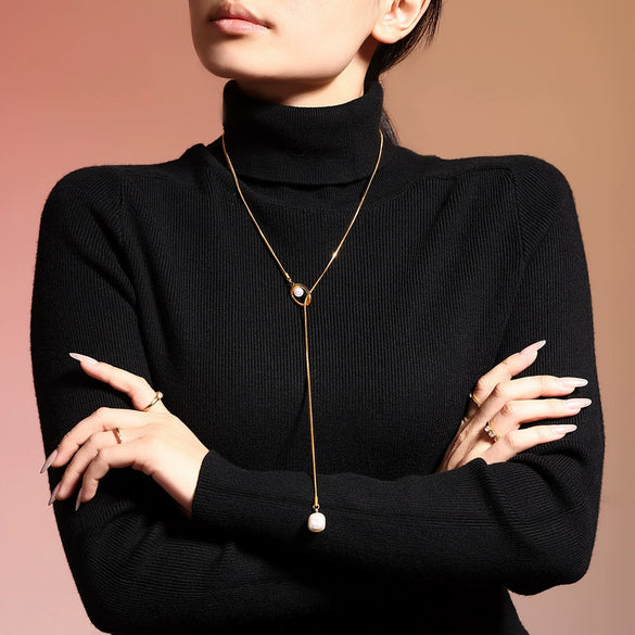 Wholesale Ferris Wheel French Tassel Imitation Pearl Long Sweater Chain Titanium Steel Geometric Electroplated Unisex Jewelry Accessories