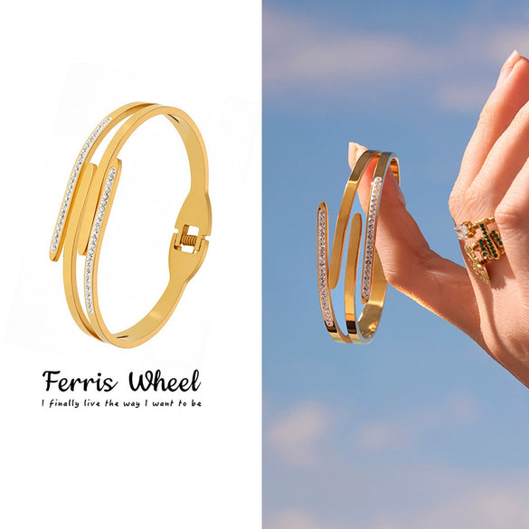 Wholesale Ferris Wheel Geometric Fashion Stainless Steel Zircon Goldplated Bracelet Hand Jewelry