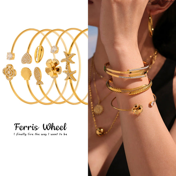 Wholesale Ferris Wheel Geometric Stainless Steel And Zircon Electroplated Elastic Open Bracelet For Women