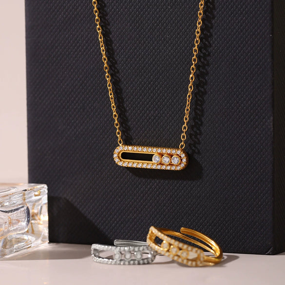 Wholesale Ferris Wheel Jewelry Set For Women And Men Stainless Steel And Titanium Steel Cnc Inlaid Zircon Three Diamond Necklace And Ring Electroplated