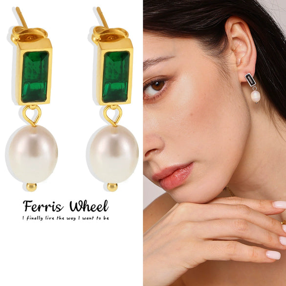 Wholesale Ferris Wheel Light Luxury Geometric Emerald Zircon Freshwater Pearl Electroplated Earrings For Women