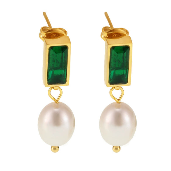 Wholesale Ferris Wheel Light Luxury Geometric Emerald Zircon Freshwater Pearl Electroplated Earrings For Women