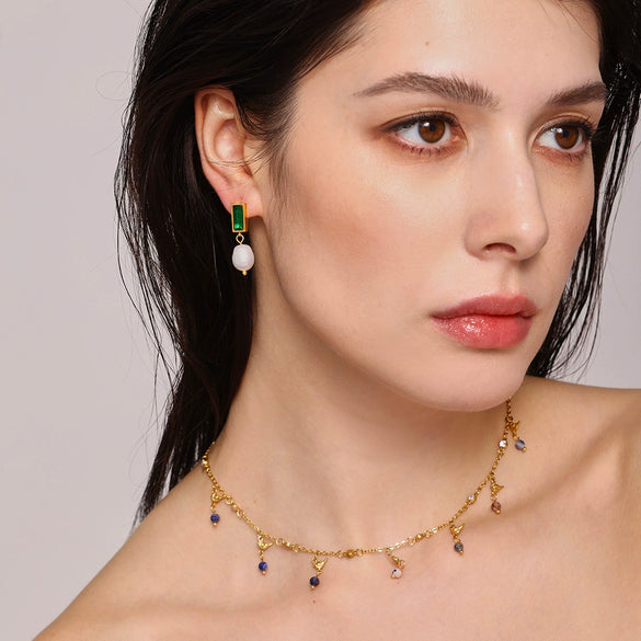 Wholesale Ferris Wheel Light Luxury Geometric Emerald Zircon Freshwater Pearl Electroplated Earrings For Women