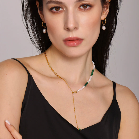 Wholesale Ferris Wheel Natural Freshwater Pearl Turquoise Tassel Pull Clavicle Necklace For Women Made Of Stainless Steel With Electroplating