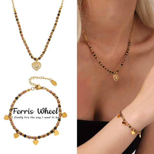 Wholesale Ferris Wheel Natural Stone Beaded Titanium Steel Electroplated Necklace And Bracelet Jewelry Set For Unisex