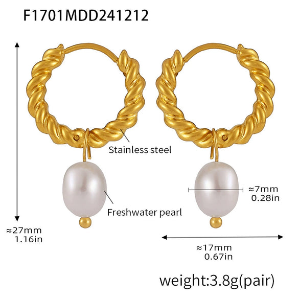 Wholesale Ferris Wheel Niche Twist Buckle Earrings For Women Made Of Stainless Steel And Freshwater Cultured Pearls With Geometric Pattern And 18K Real Gold Pvd Plating