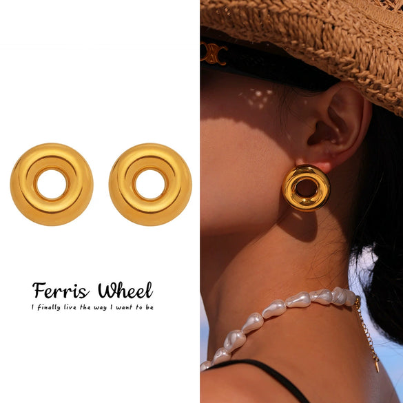 Wholesale Ferris Wheel Stainless Steel Geometric Hollow Circle Earrings 18K Gold Plated For Women